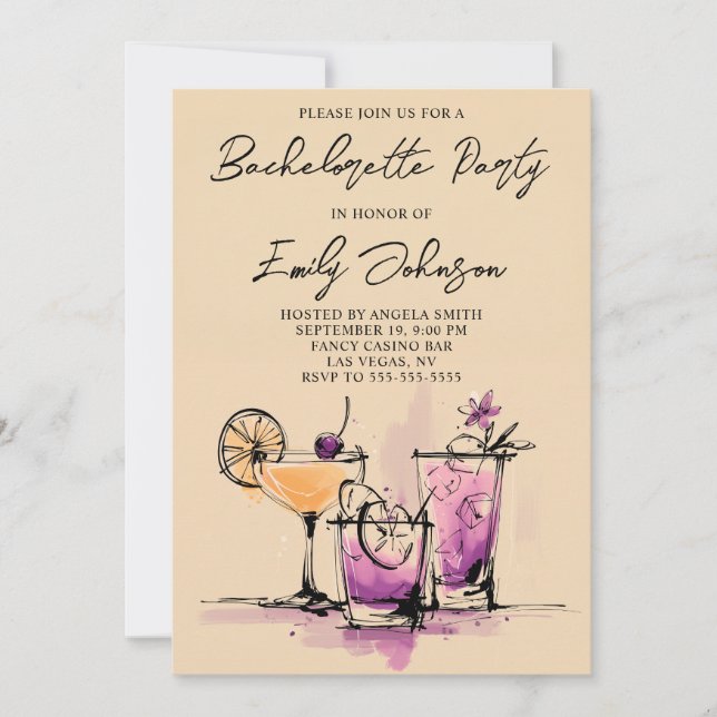 Invitación Girly Cocktails Illustration Bachelorette Party (Anverso)