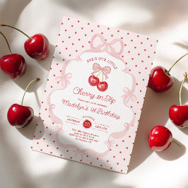 Invitación Girly Coquette Cherry First 1st Birthday Party