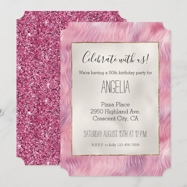 Invitación Girly Cotton Candy Purpurina Rosa (Anverso / Reverso)