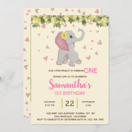 Invitación Girly Cute Elephant Watercolor Floral 1er cumpleañ