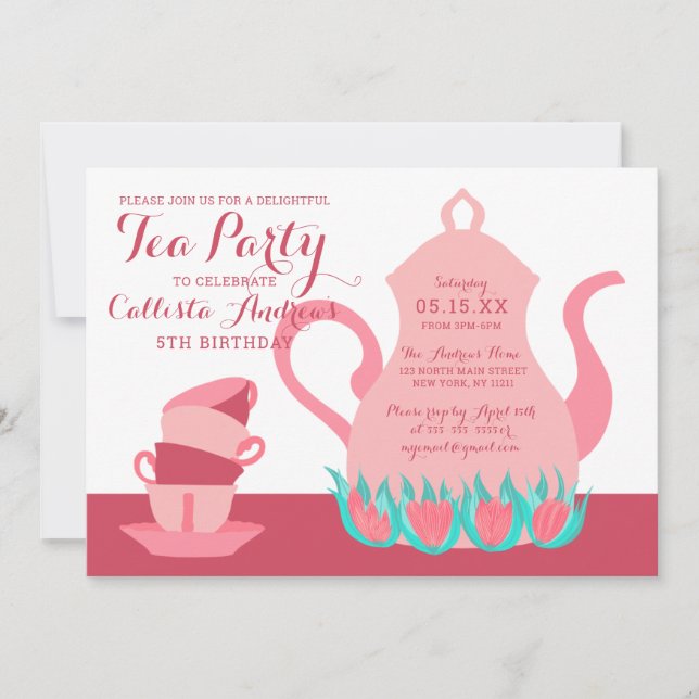 Invitación Girly Cute Rosa Verde azulado Fiesta de té floral  (Anverso)