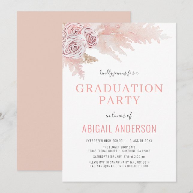 Invitación Girly de Palmas Florales de Graduación  (Anverso / Reverso)