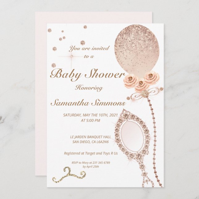 Invitación Girly Diamond Rosa Purpurina de oro Bebé Showe