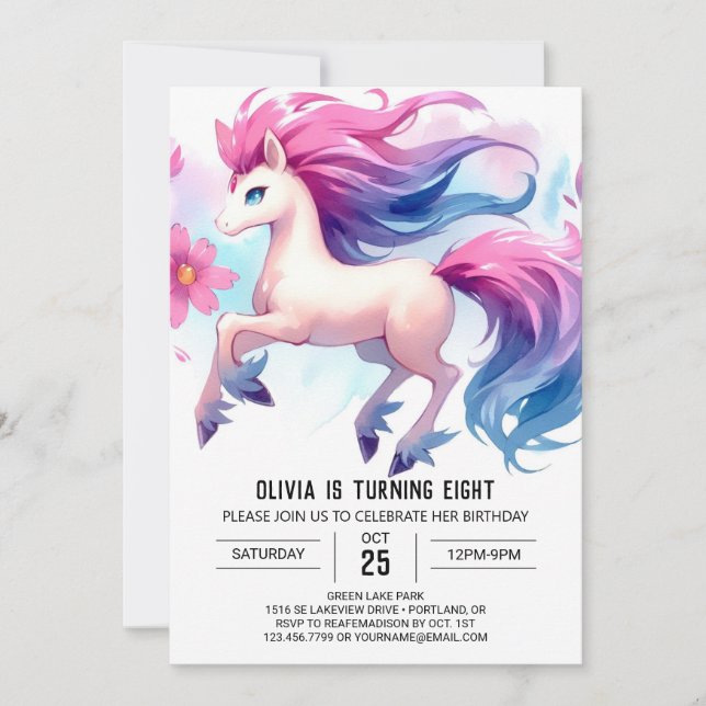 Invitación Girly Digital Horse Birthday (Anverso)