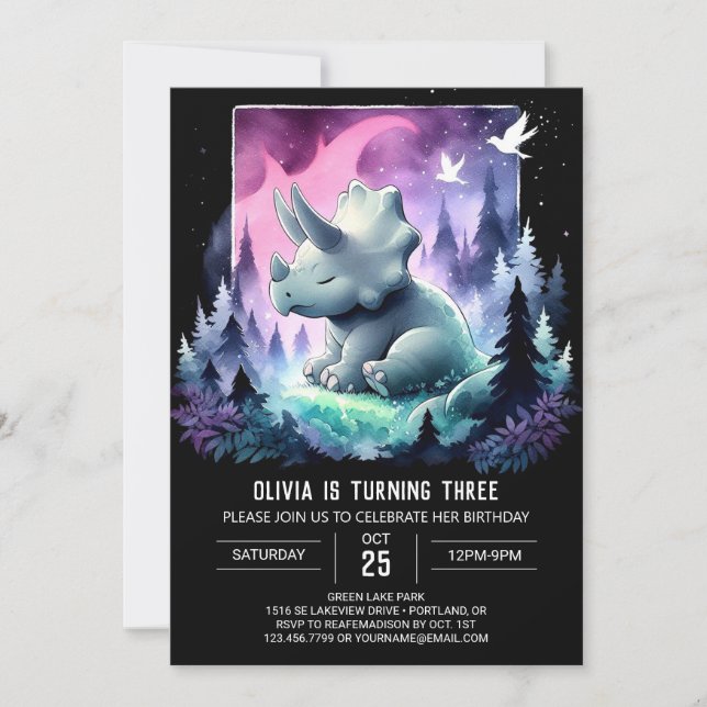 Invitación Girly Dinosaur Triceratops Cumpleaños (Anverso)