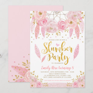 Invitación Girly Dreamcatcher Pink Gold Floral Slumber Fiesta