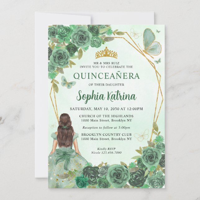 Invitación Girly Dusty Green Gold Floral Princesa Quinceañera (Anverso)