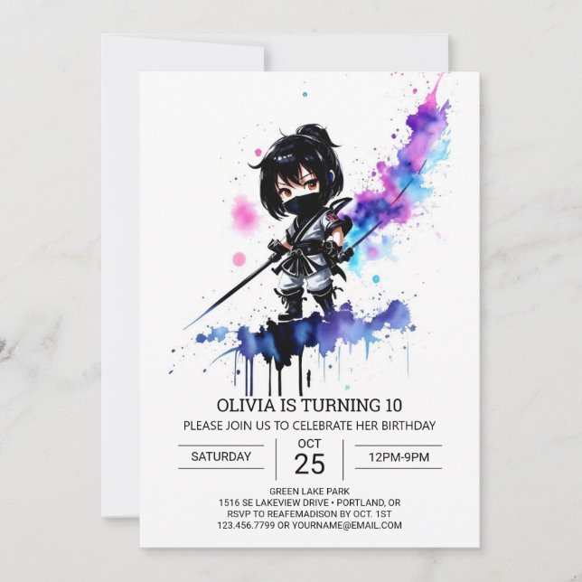 Invitación Girly Editable Ninja Chica Cumpleaños (Anverso)