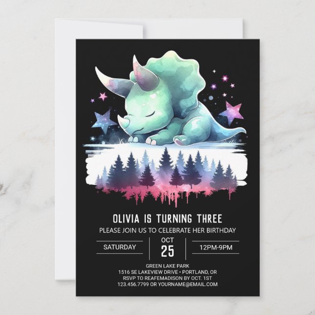 Invitación Girly Elegant Triceratops Cumpleaños (Anverso)