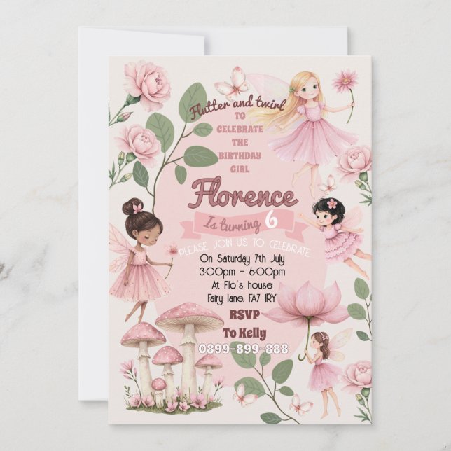 Invitación Girly fairy birthday party invitation  (Anverso)