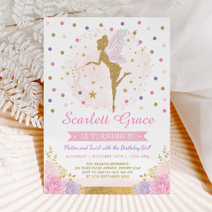 Invitación Girly Fairy Rubor Pink Floral Cumpleaños