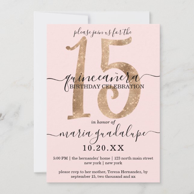 Invitación Girly Faux Gold Purpurina Rubor Pink Quinceañera (Anverso)