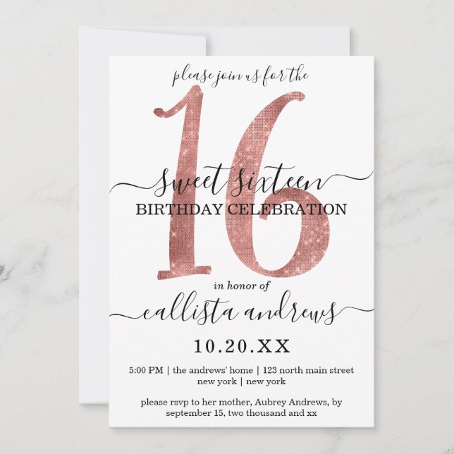 Invitación Girly Faux Rosa Oro WhiteGlitter Sweet 16 (Anverso)