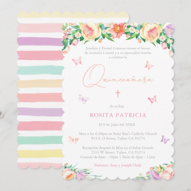 Invitación Girly Floral Butterflies Quinceañera Fiesta (Anverso / Reverso)