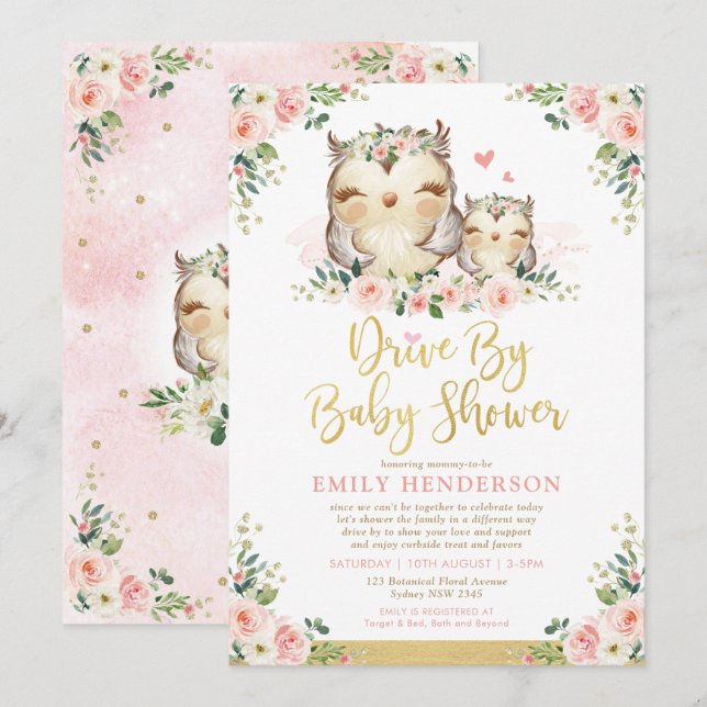 Invitación Girly Floral Owl Drive De Baby Shower Quarantine (Anverso / Reverso)
