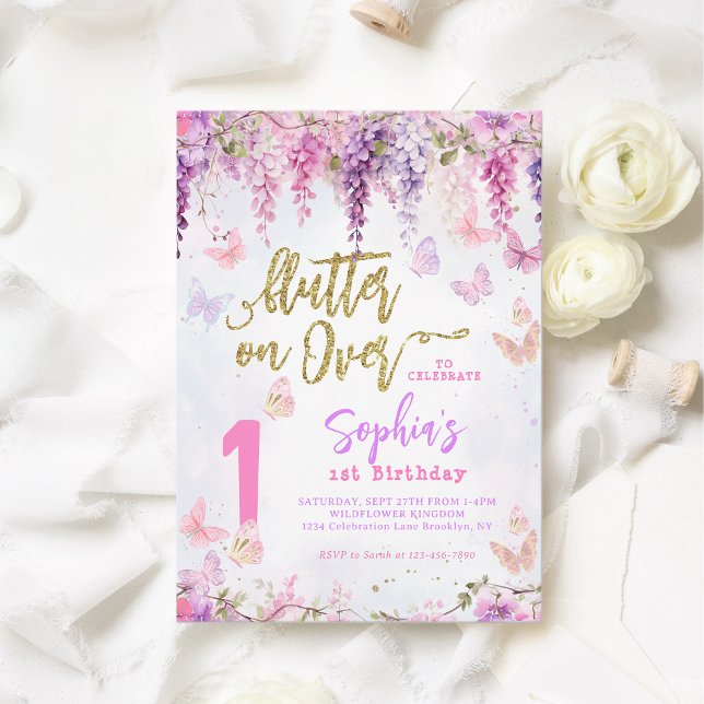 Invitación Girly Floral Wisteria Niños Mariposa de Oro Cumple (Subido por el creador)