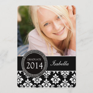 INVITACIÓN GIRLY FOTO GRAD INVITE DAMASK BLANCO NEGRO