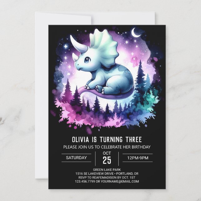 Invitación Girly Fun Triceratops Cumpleaños (Anverso)