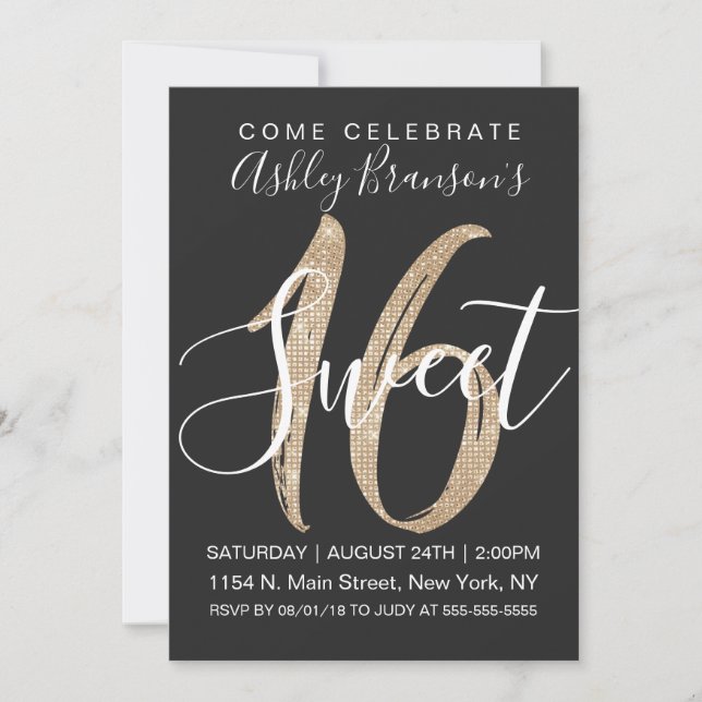 Invitación Girly Glam Black Faux Gold Sequin Purpurina Sweet  (Anverso)