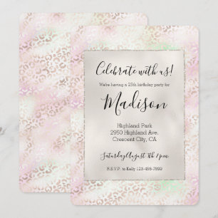 Invitación Girly Glam Dorado Rosa Menta Ombre Estampado Leopa
