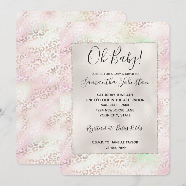 Invitación Girly Glam Gold Mint Pink Ombre Leopoldo (Anverso / Reverso)