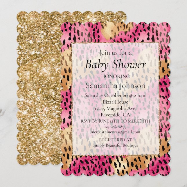 Invitación Girly Glam Gold Pink Leopard (Anverso / Reverso)