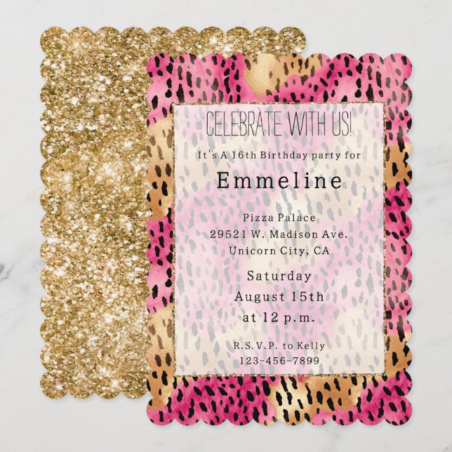 Invitación Girly Glam Gold Pink Leopard (Anverso / Reverso)
