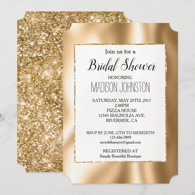 Invitación Girly Glam Gold Purpurina (Anverso / Reverso)