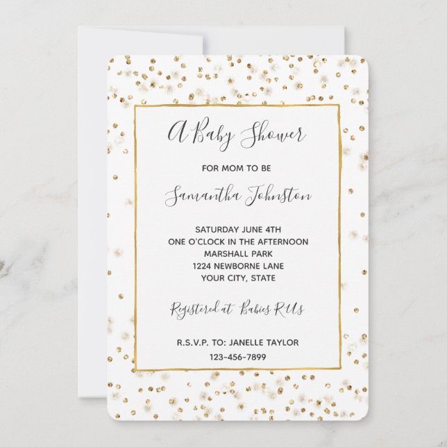 Invitación Girly Glam Gold Sparkle Confetti Baby Shower (Reverso)