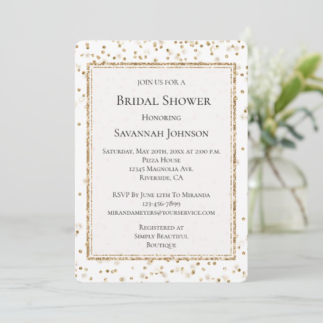 Invitación Girly Glam Gold Sparkle Confetti Bridal Shower (Anverso de pie)