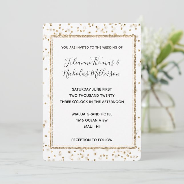 Invitación Girly Glam Gold Sparkle Confetti Wedding (Anverso de pie)