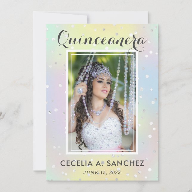 Invitación Girly Glam Irridescente Foto Rosa Quinceanera (Anverso)