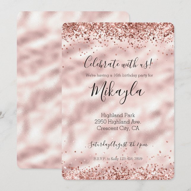 Invitación Girly Glam Purpurina Rosa Sparkle Confetti (Anverso / Reverso)