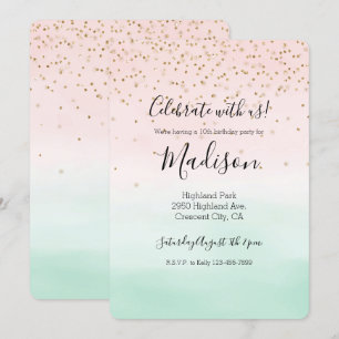 Invitación Girly Glam Rubor Pink Mint Gold Sparkle Confetti