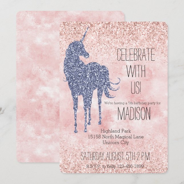 Invitación Girly Glam Rubor Pink Purple Unicorn Purpurina (Anverso / Reverso)