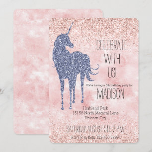 Invitación Girly Glam Rubor Pink Purple Unicorn Purpurina