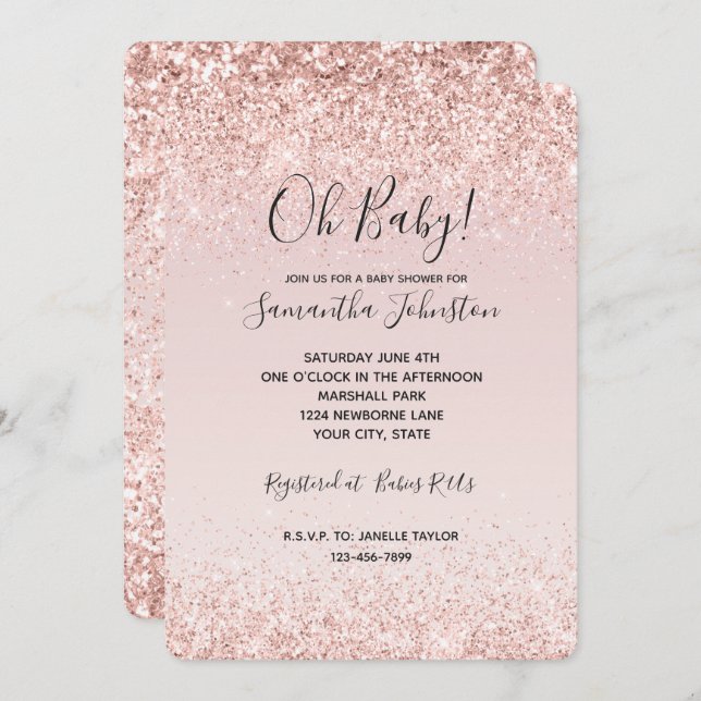Invitación Girly Glam Rubor Purpurina rosa Sparkle Baby Showe (Anverso / Reverso)