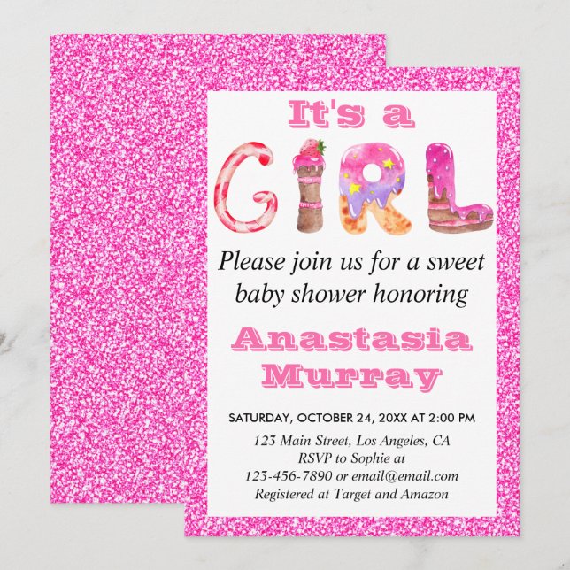 Invitación Girly Glam Sweet Hot Pink Purpurina Chica Baby Sho (Anverso / Reverso)