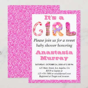 Invitación Girly Glam Sweet Hot Pink Purpurina Chica Baby Sho