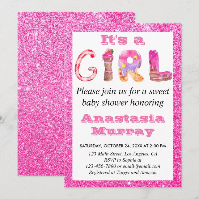 Invitación Girly Glam Sweet Hot Pink Purpurina Chica Baby Sho (Anverso / Reverso)