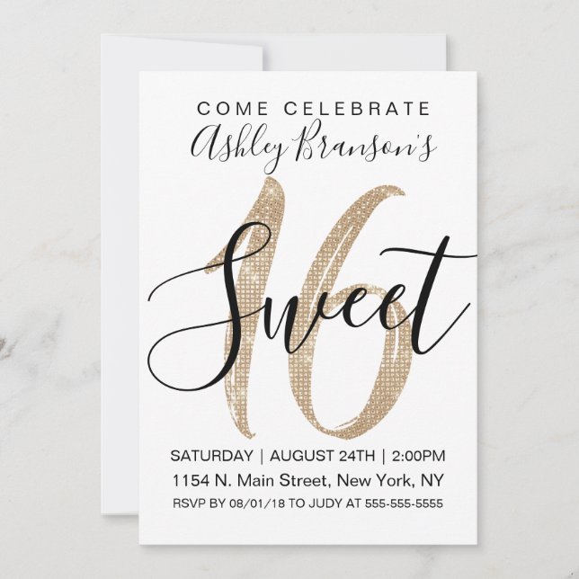 Invitación Girly Glam White Faux Gold Sequin Purpurina Sweet  (Anverso)
