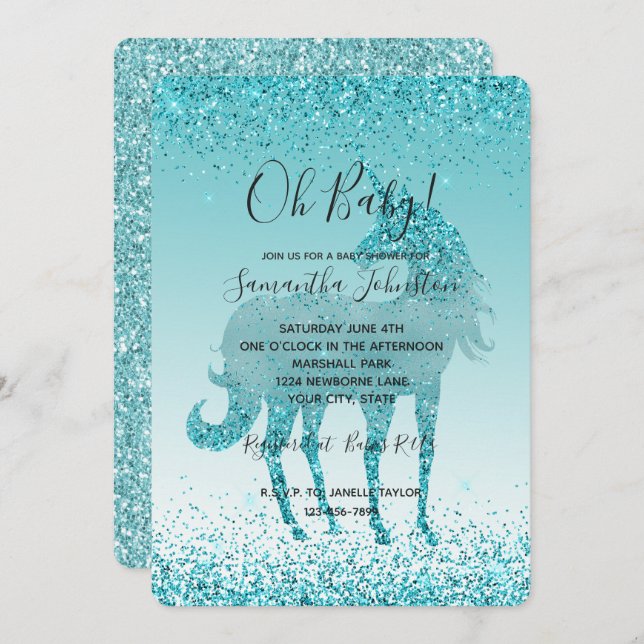 Invitación Girly Glitz Aqua Turquoise Purpurina Unicorn (Anverso / Reverso)