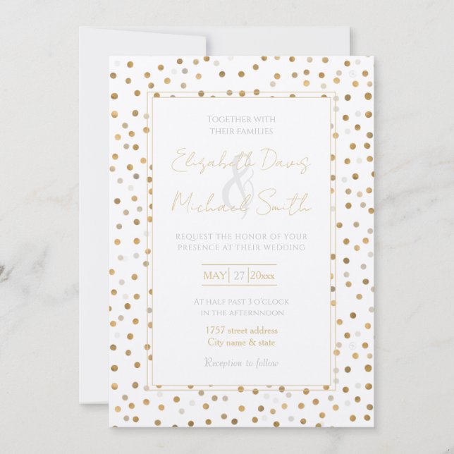 Invitación Girly Gold Dots Confetti White Design (Anverso)