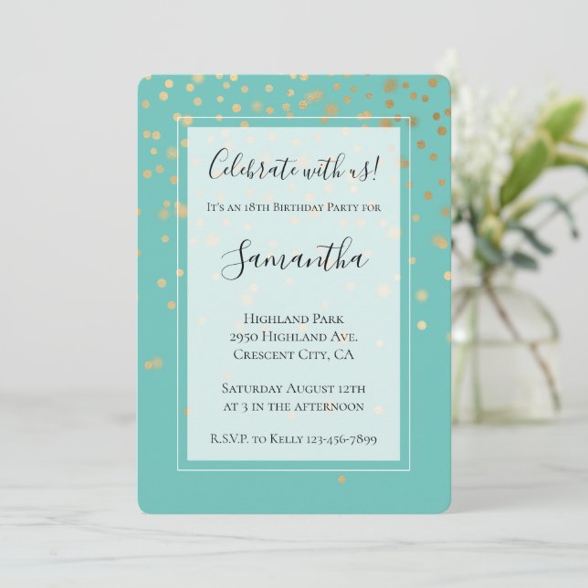 Invitación Girly Gold Glam Confetti Dots Mint Cumpleaños