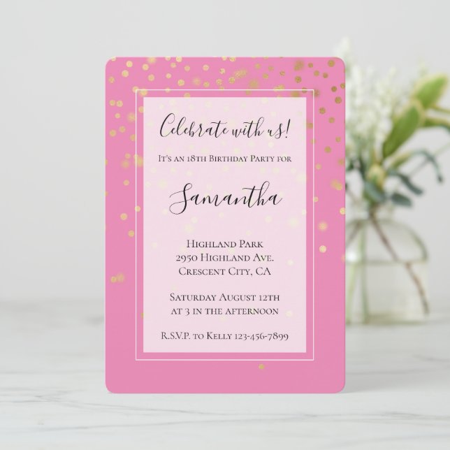 Invitación Girly Gold Glam Confetti Dots Pink Birday (Anverso de pie)