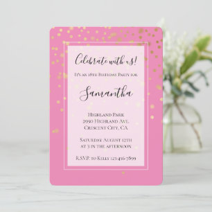 Invitación Girly Gold Glam Confetti Dots Pink Birday