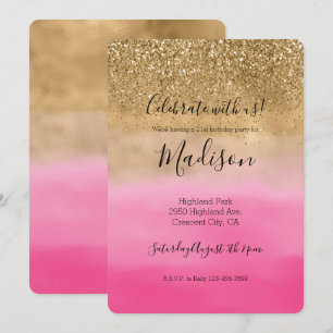 Invitación Girly Gold Glitzy Sparkle Purpurina Pink Ombre
