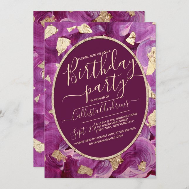 Invitación Girly Gold Plum Lilac Pincel acrílico Cumpleaños (Anverso / Reverso)