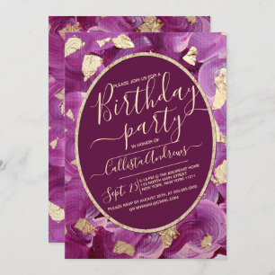 Invitación Girly Gold Plum Lilac Pincel acrílico Cumpleaños