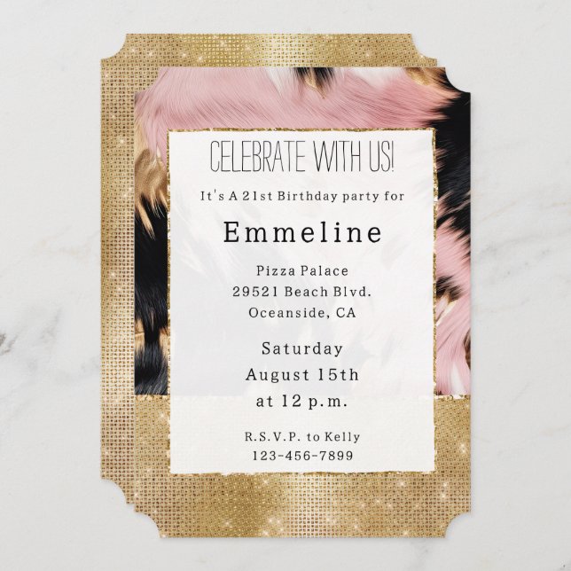 Invitación Girly Gold Sparkle Pink Black Piel de vaca (Anverso / Reverso)